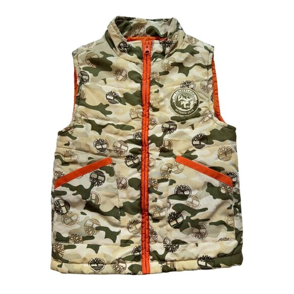 Timberland Boys Camo Outdoor Gear Puffer Vest Size 5 Orange & Green - Picture 1 of 11